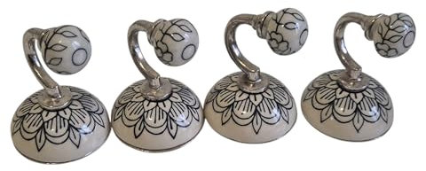 FROM INDIA BOUTIQUE Lot de 4 Crochets muraux, Patère murale, Porte-manteau en Céramique et Aluminium Blanc
