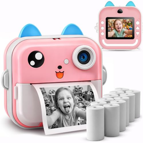 Retoo Kinderkamera mit Sofortdruck, Rosa, 11 Rollen, 1080p, 48 MP, Full-HD | 2,5-Zoll-Display, Bluetooth 5.0, USB-C, 57 mm Druckbreite, 210 DPI, FunPrint App, Thermodruck ohne Tinte