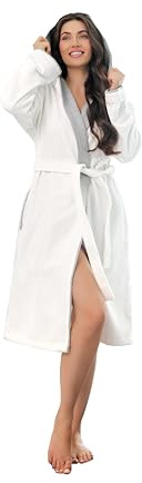 KLASBROOK® Lina Bademantel Damen mit Kapuze aus 100% Baumwolle, Größe XL, Weiss, Tasche mit Reißverschluss, Luxus Bademantel lang, Frottee, flauschig und saugfähig, OEKO-TEX 100 zertifiziert