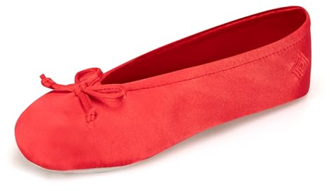 isotoner Women's Satin Ballerina Slippers with Soft Tie Bow and Suede Sole, Sriracha, SM