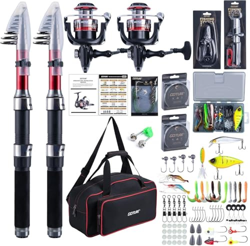 Goture Angelset mit 2 Teleskop-Angelruten, 2,4m Angelrute Set Komplett 2 5.2:1 Spinnrolle, Angelzange, Köderbox & Tragetasche – für Salz-/Süßwasser, Reisen–Angelgeschenk