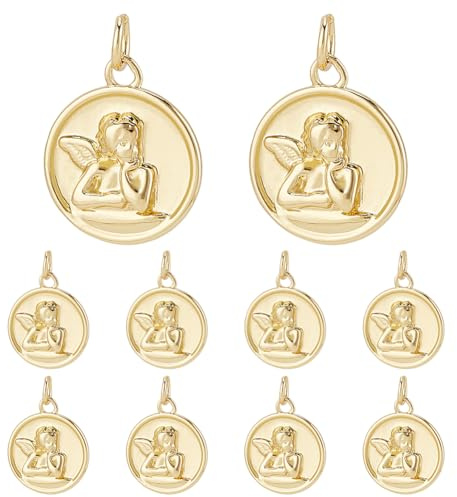 UNICRAFTALE 10 Stück Goldener Engel Anhänger Echter 18 Karat Vergoldeter Schutzengel Anhänger Mit Biegering Cherub Charm Für Taufgeschenk Armbänder Halsketten Schmuckherstellung Loch 3mm