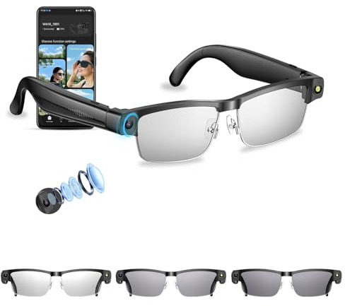 QQCHGOL AI Smart Glasses with Camera 4K, Steady Video Recording Sunglasses with Bluetooth/Voice Control/Object Recognition/ChatGPT for Cycling (Photochromic lenses + Half-rim black frame)
