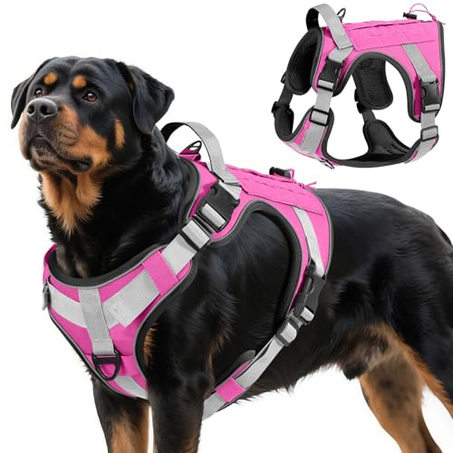 VavoPaw Taktisch Hundegeschirr für Hunde Training, Wandern, Jagd, Outdoor | Einfach Kontrolle&Anti Zug Hundegeschirr mit Molle Panel&Reflektierend Streifen,Militär,K9,Arbeitshundegeschirre，Rosa,XL