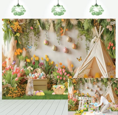 Spring Easter Tent Backdrop Bunny Colorful Eggs Green Grass Flowers Butterfly Happy Easter Photography Background Kids Baby Showers Birthday Party Decoration Banner Photo Props (7x5FT)