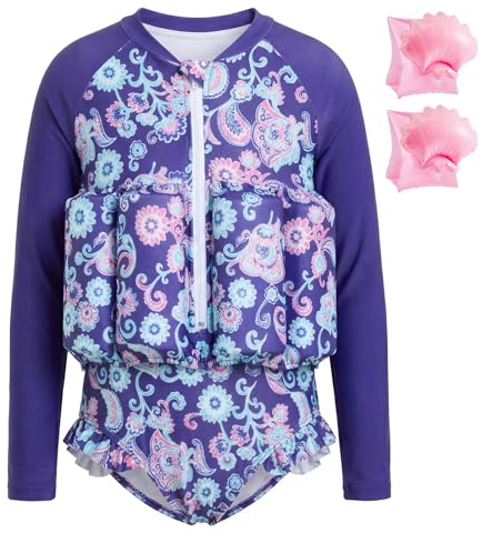 Summshall Toddler Swimsuit with Floatation, Baby Girls Long Sleeve Floating Bathing Suit Front Zipper Floatie Swim Suit for Summer Beach