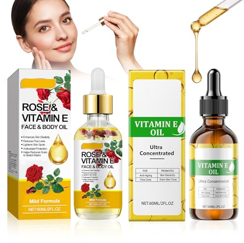 Vitamin E Oil for Skin and Rose Vitamin E Oil for Skin, Face, Hair, Body, Moisturizing and Firming Skin, Non-Greasy, 2 Fl Oz