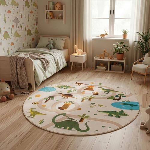 Carpettex Kinderteppich Dino Straßen Rund 200 cm Beige