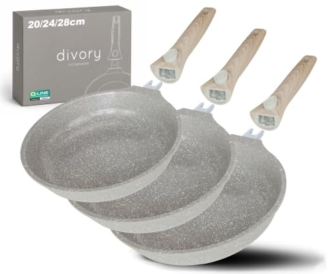 DIVORY Keramikpfannen Set 20, 24, 28 cm – Pfannen mit abnehmbarem Griff, Keramikbeschichtung, induktionsgeeignet, PFAS- & PTFE-frei, beschichtetes Bratpfannen Set (Natura, 3er Set (20/24/28 cm))