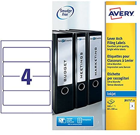 Avery Ordneretiketten für Tintenstrahldrucker 4 pro Blatt 200 x 60 mm 100 Etiketten