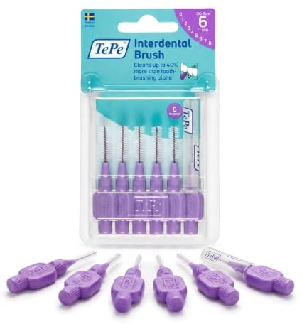 TePe Spazzolino interdentale originale, morbido spazzolino dentale per la pulizia dei denti, confezione da 6 pezzi, 1,1 mm, grandi spazi vuoti, viola, misura 6