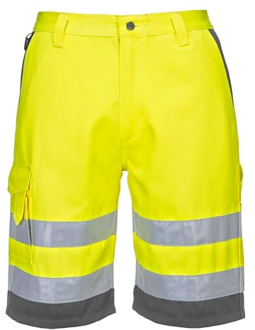 Portwest E043 Hi-Vis Contrast Shorts Texpel Stain Resistant Finish | Yellow/Grey, X Large, EN ISO 20471 Class 1, UPF 40+, 35% Cotton, Reflective Tape, Easy Access Cargo Pockets, 2 Side Pockets