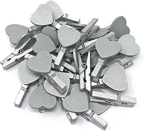 Lot de 50 mini pinces à linge argentées de 30 mm avec cœurs argentés assortis de 18 mm pour mariage shabby chic