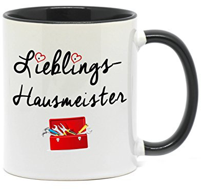 NICE-PRESENTS Tasse Lieblings Hausmeister Hochwertige Tasse für den zuverlässigen Handwerker, beidseitig Bedruckt. EIN Dankeschön als tolles Geschenk im Büro und zuhause. (Schwarz)