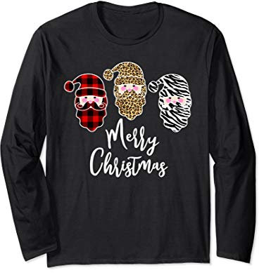 Frohe Weihnachten Santa Leopard Zebra & Red Buffalo Plaid Langarmshirt