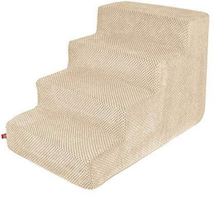 BOUTIQUE ZOO Hundetreppe 40 cm hoch | Katzentreppe Haustiertreppe | 4 Stufen | Hunde Katzen Haustier | für Bett und Auto | Trepp für kleine Hund | Plüschbezug | Farbe: Beige