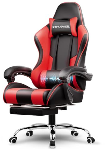 LUCKRACER Gaming Chair Massage With Footrest Ergonomic Computer Chairs High Back Support Height Adjustable Reclining Heavy Duty PC Chair (Faux Leather, Red)