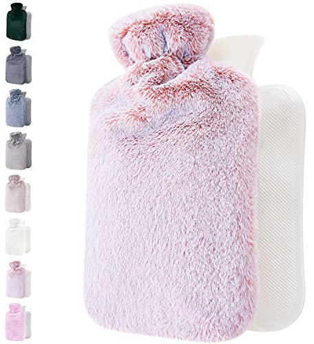 Bouillotte avec Housse en Peluche - Housse en Peluche Moelleuse et Douce - Grande Capacité 1,8 L - Bouillotte Eau Chaude pour Soulagement de la Douleur, Dos, Cou et Épaules & Nuits Chaudes Cosy - Rose