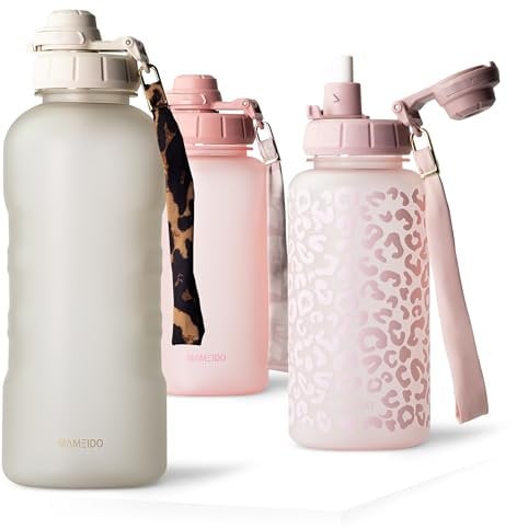 MAMEIDO Gourde 2l avec Paille & Marqueur de Temps de Motivation, Gourde Sport avec Dragonne, Gourde Enfant étanche, Bouteille d'eau sans BPA, Water Bottle (Ivory Beige, 2000ml)