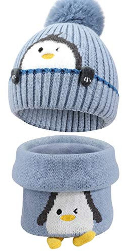 TAGVO Ensemble Bonnet Écharpe Tricoté Chaud pour Enfants, Hiver Épaissi Doublé Polaire Thermique avec Cache-Cou, pour Garçons Filles 3-6 Ans