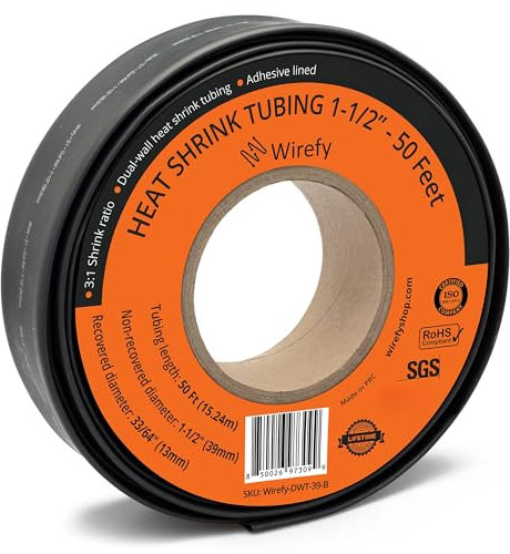 Wirefy Tubo Termorretráctil Diámetro Grande 39 mm - Tubo Termoretractil de Doble Pared 3:1 - Revestimiento Adhesivo - Tubo Térmico - Negro - Rollo de 15 m