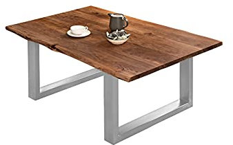 SAM Couchtisch 100 x 70 cm Billy, echte Baumkante, Akazienholz nussbaumfarben, massiver Sofatisch, U-Metallgestell Silber