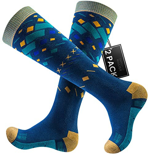 OutdoorMaster 2 Paar Unisex Skisocken für Damen & Herren, Winter Snowboarding Atmungsaktive thermische Socken für Outdoor-Sportarten mit Über die Wade Design/Anti-Rutsch-Bündchen