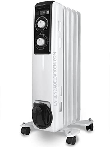 Radiador de aceite 5 elementos caloríficos de gran inercia térmica. Potencia máxima 1000W. 5 elementos caloríficos de gran inercia térmica. 2 potencias de calor: 500W-1000W