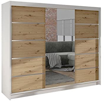 Mirjan24 Kleiderschrank Dotan VI mit Spiegel, Kleiderstange und Fächer, Schlafzimmerschrank, Schwebetürenschrank, Dielenschrank, Garderobenschrank (Weiß/Artisan)