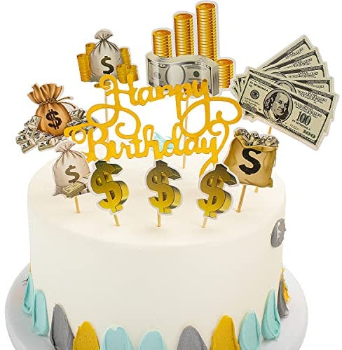 Happy Birthday Cake Topper Dollar Cupcake Topper Geld Thema Kuchen Dekoration für Geburtstag Abschluss Hochzeit Party, 10 Stück