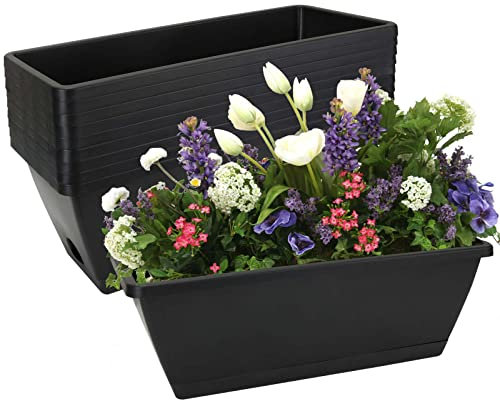 ZIQI 10 Stück Blumen-Fensterkasten, 43.2 cm, rechteckige Blumen-Pflanzkästen mit Tablett, Kunststoff-Gemüse-Pflanztöpfe für Fensterbank, Garten, Heimdekoration, Innen- und Außenbereich (schwarz)