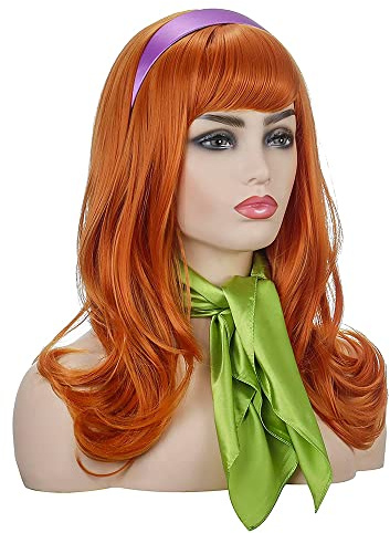 Lange gewellte orangefarbene Perücke | FVCENT Full Bangs Ginger Perücken Halloween Cosplay Kostüm Party Synthetische Perücke mit lila Kopfknall und grünem Schal (Daphne)