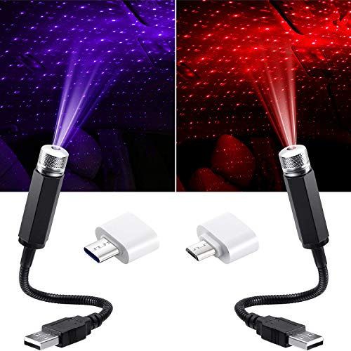 Honoson 2 USB Atmosphere Lights, Various Modes Star Projector Night Light with USB Port Romantic Atmosphere Decoration for Ceiling Car Bedroom Party LED Roof Stars
