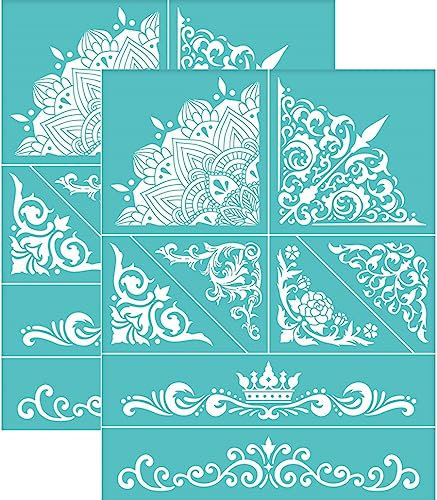 OLYCRAFT 2 Stück 22x28cm Selbstklebende Siebdruck Schablonen Vintage Bordüren Eckenmuster Schablonen Wiederverwendbar Mesh Schablonen Transfer für DIY T Shirt Stoff Malerei Heimdekoration