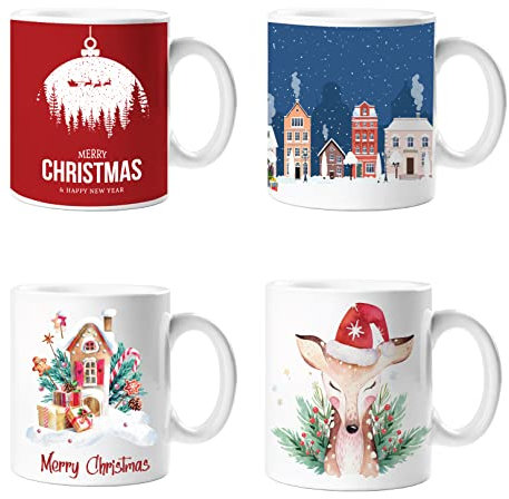 Star Online Christmas Mugs Set of 4 Xmas Coffee Festive Secret Santa Gifts for Adults Home Kitchen Cups Christmas Tableware Xmas Decorations Mug Set Office Tea Cups Ceramic Winter Design
