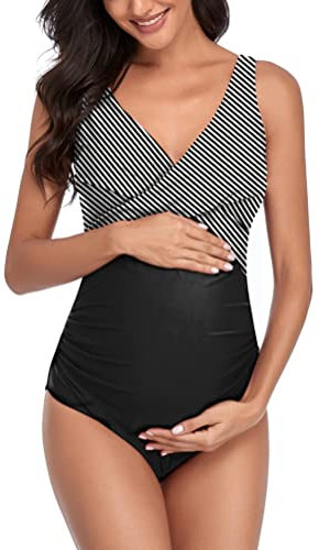SUMMERSUNSHINE Maillot de bain une pièce de maternité croisé sur le devant - Maillot de bain de grossesse - Bikini de maternité, noir/rayures, Taille L