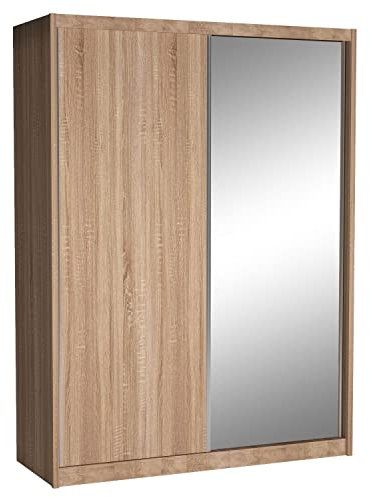 Cool24 Maciej II Kleiderschränke - Modern Schwebetürenschrank - Kleiderschrank mit Spiegel und Kleiderstange - Schlafzimmerschrank 180cm mit 12 Regale - Kleiderschrank Almond - Schrank Schlafzimmer