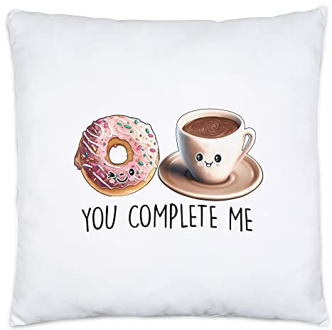 Hey!Print You Complete Me Kissen inkl Füllung Kaffee Donut Valentinstag Freundin Freund Süß Geschenkidee Paar Liebe