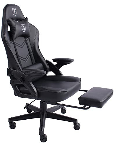 TRISENS Gaming Stuhl im modernen Racing-Design mit ausziehbarer Fußstütze Gaming Chair mit verstellbaren Design Armlehnen ergonomischer Schreibtischstuhl mit extra Stützkissen, Farbe:Schwarz