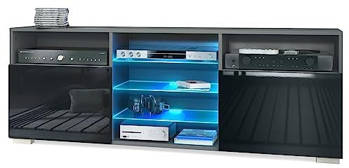 Vladon TV-Board Granada, Lowboard mit 2 Türen und 6 offenen Fächern, Korpus Anthrazit matt, Fronten in Schwarz Hochglanz mit RGB LED-Beleuchtung (146 x 54 x 35 cm)