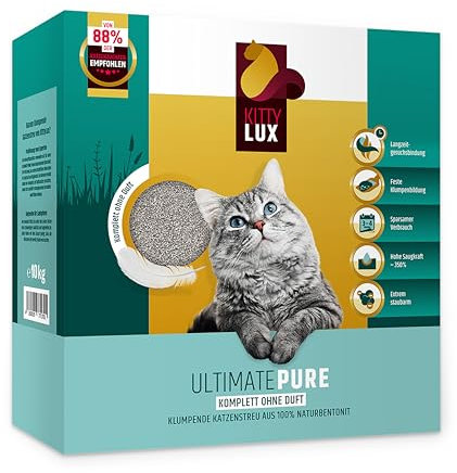KittyLux klumpende Katzenstreu Ultimate Pure 10kg ohne Duft für Sensible Katzen, Klumpstreu 100% Naturbentonit, extrem staubarm, Feste Klumpenbildung, schnelle Geruchsbildung, geringer Verbrauch