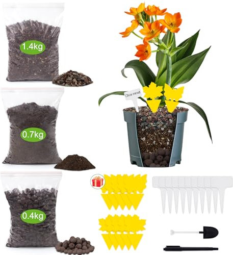 Totale 2.5kg Terra per Piante-1,4 kg Terreno Granulare(3-6 mm), 0,4 kg Argilla Espansa a Grana Grossa per Piante da Interno(10-20 mm), 0,7 kg Terriccio Torboso Universale