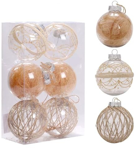 Weihnachtskugel Set 6 Stück, 8 cm Klare Boho Weihnachtskugeln Kunststoff | Beige Weihnachtsbaumschmuck, Hängende Christbaumkugeln, Christmas Decorations Ornamente