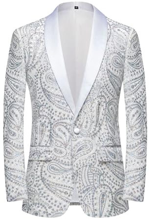 PYJTRL Giacca da Uomo con Paillettes Lucide Giacca Classica da Abito Floreale Moda, Adatta per Feste, Matrimoni, Banchetti, Balli,White,M