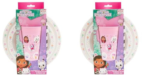 Gabby's Dollhouse Kids Tableware Set – 3 Piece Reusable PP Plate, Bowl & Cup for Children - Tumbler & Dinnerware Set for Mealtimes – for 24 Months & Up,Pink (Pack of 2)