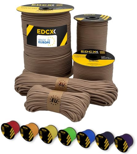 EdcX Paracord 4mm, 35+ Colori Solidi (10m, 15m, 30m, 50m, 100m, 300m) | Ideale per Campeggio, Sopravvivenza, attività all'aperto | Corda 100% Nylon 4 mm| Corda Tattica 550 Tipo III (Tan, 10 m)