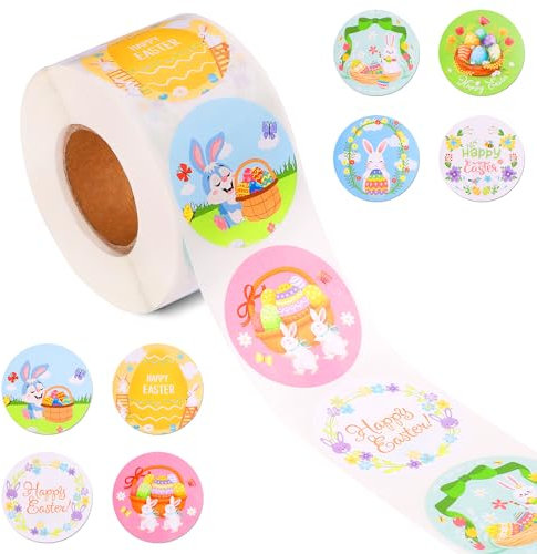 500 Stück 3,8 cm Ostern Aufkleber, 8 Designs Bunte Eierhasen Aufkleber Abziehbilder Selbstklebendes Papier Runde Osteretiketten Umschlagsiegel Osterdekorationen für Kunst, Handwerk, Urlaub