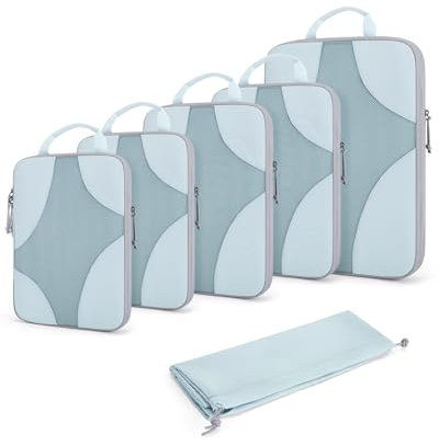 BAGSMART Compression Packing Cubes Set for Travel, 6 Set Packing Cubes Clothes Storage Bags for Carry On Suitcase, Lightweight Travel Essentials (6-Pack (1L+2M+2S+1Shoe Bag), Light Blue
