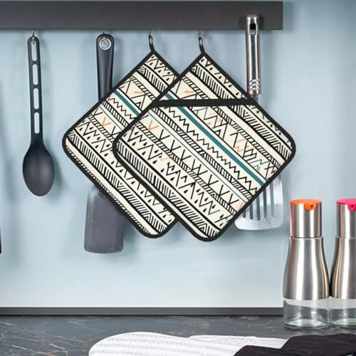 Boho Triangel Streifen Topflappen 2er Set Hitzebeständig Topflappen für Küche Ofen Hot Pads mit Tasche Aufhängeschlaufe Verdickter Untersetzer zum Kochen Backen