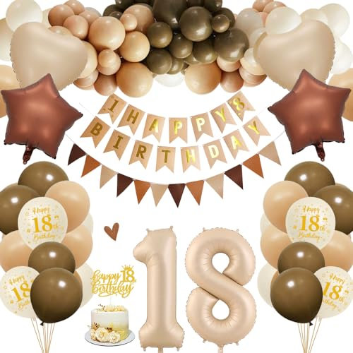 18. Geburtstagdeko Junge Mädchen, 18 Jahre Braun Beige Ballon Arch Kit mit Happy Birthday Banner, Cake Topper, Geburtstag Zahlen Luftballon 18 Jahre, Folienballon, Party Deko für Geburtstag